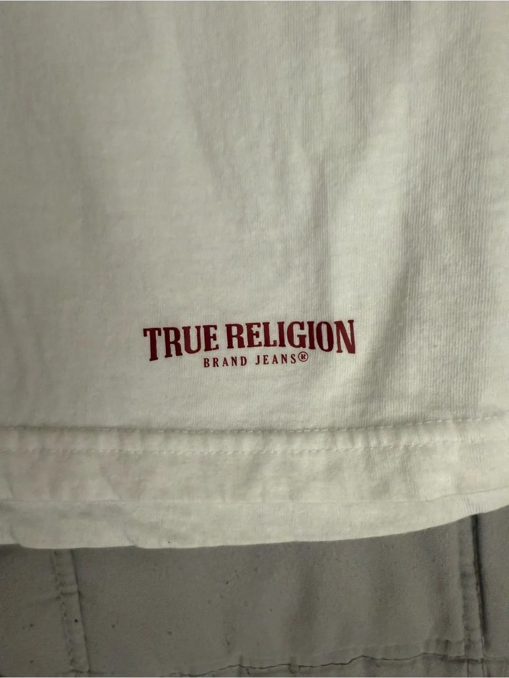 True Religion White V-Neck Tee with Red Accents